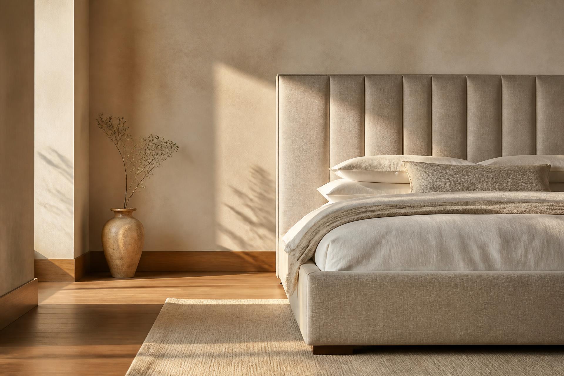 Quarto sereno com cama estofada em tons de linho e luz natural suave
